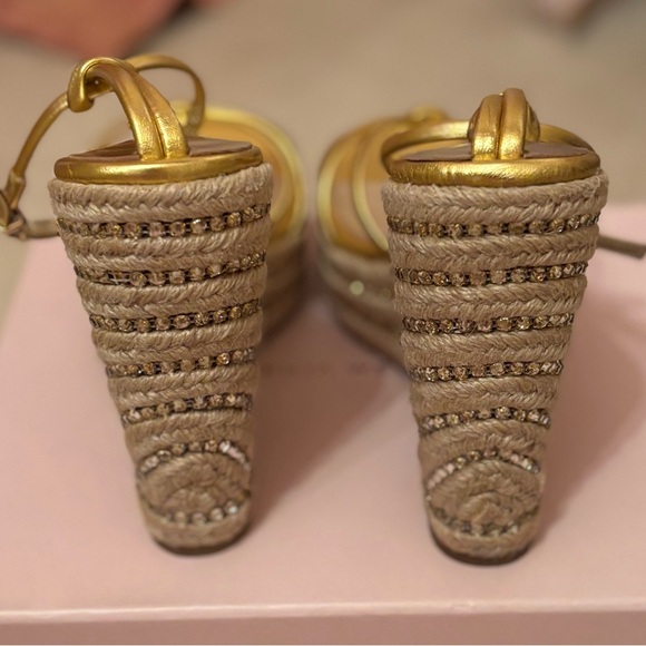 NWB Sophia Webster Alina Gold Espadrille Open Wedge Platform Heel Shoes Crystal - Picture 7 of 10